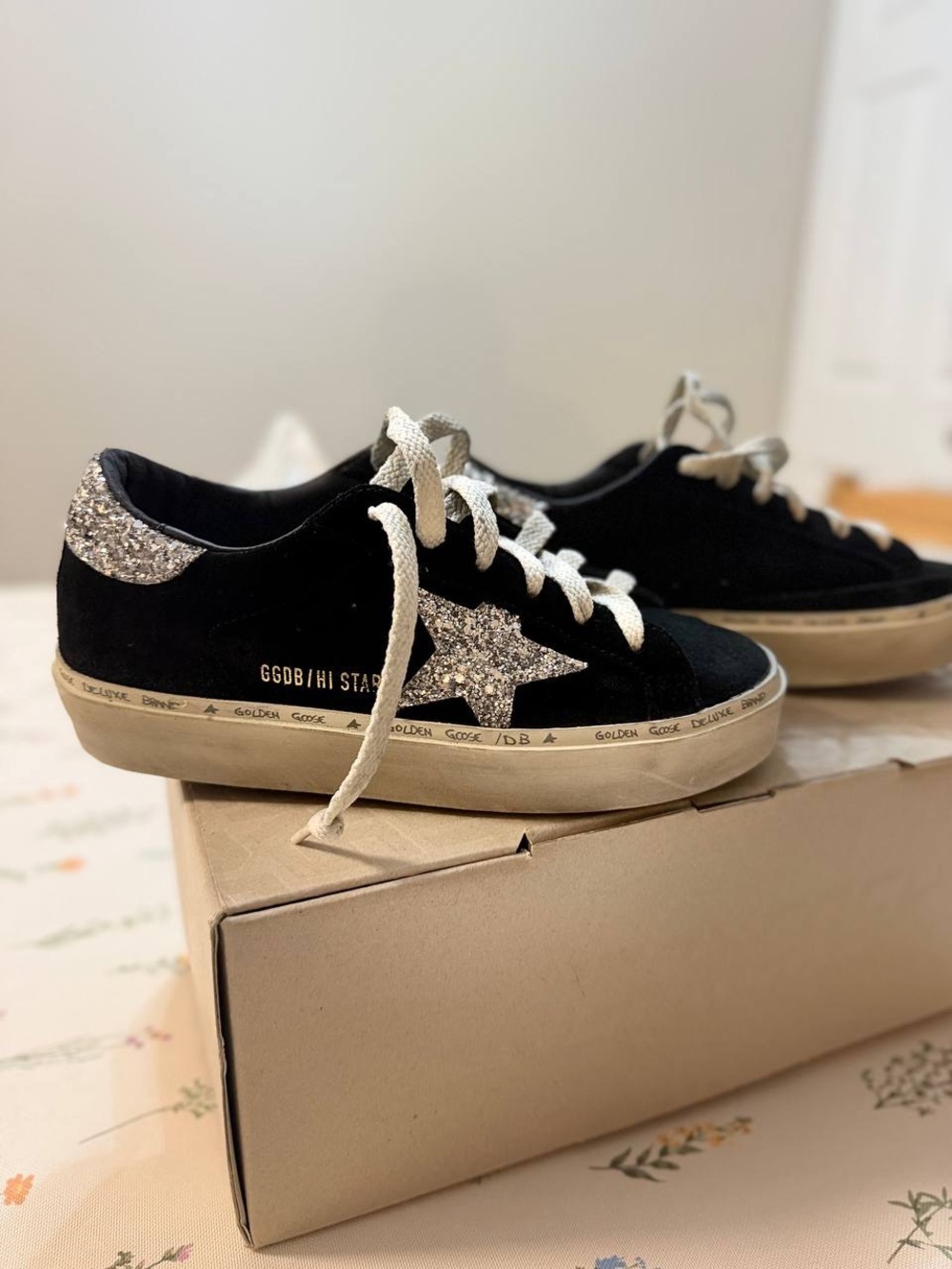 Golden Goose Hi Star in Black Suede Sneakers with Silver glitter Star